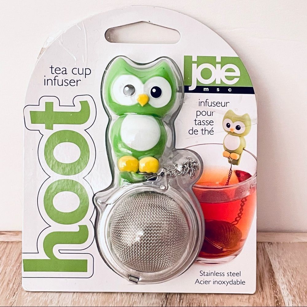 NWT JOIE Hoot stainless steel green white Owl Tea cup Infuser
